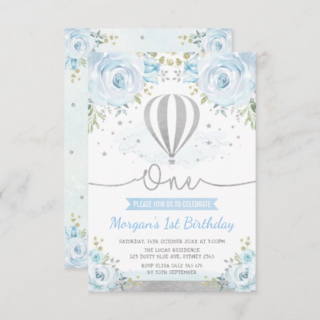 Convite Primeiro aniversario Balão de Ar Quente Floral Azu (Frente/Verso)