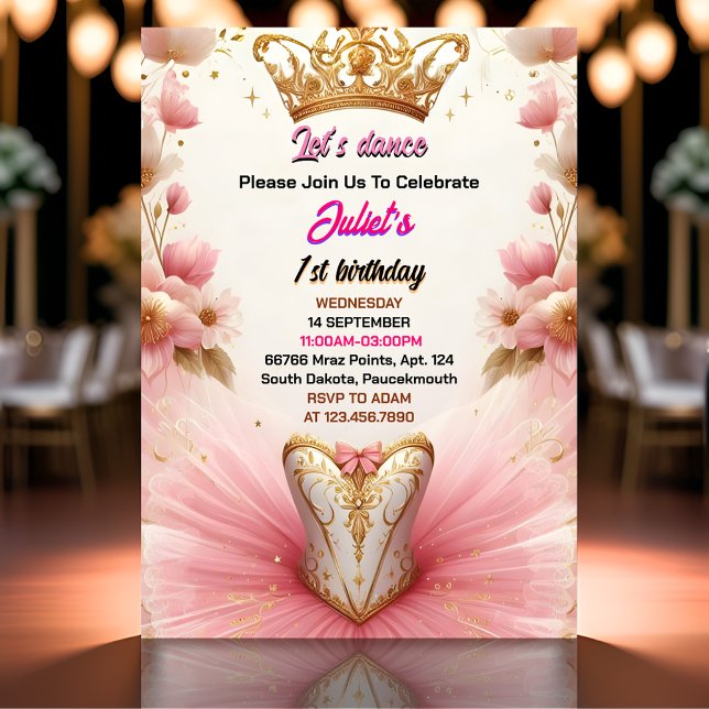 Convite primeiro aniversario Ballerina, Tutu, rosa (Criador carregado)