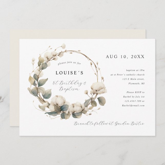 Convite primeiro aniversario Baptism algodão e eucalipto w (Frente/Verso)