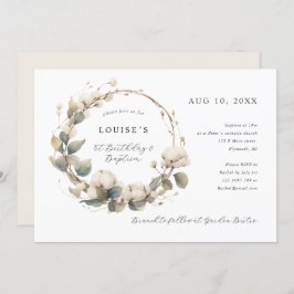 Convite primeiro aniversario Baptism algodão e eucalipto w