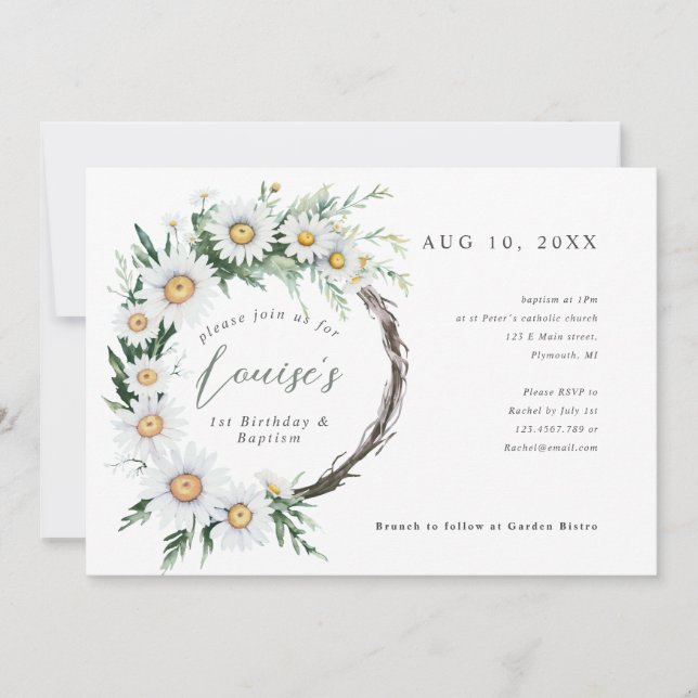 Convite primeiro aniversario Baptism daisius wreath (Frente)