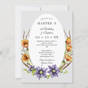 Convite primeiro aniversario Batismo flores de primavera e