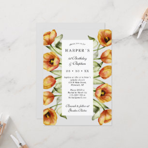 Convite primeiro aniversario Batismo flores e tulipas de p