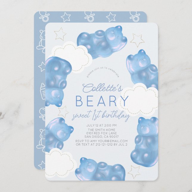 Convite Primeiro aniversario Beary Blue Gummy Bear Boy (Frente/Verso)