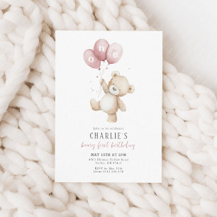 Convite Primeiro aniversario Beary First Pink Balloon Boy