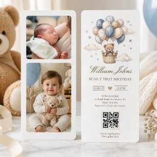 Convite Primeiro Aniversário Beary Urso Teddy Azul Dourado