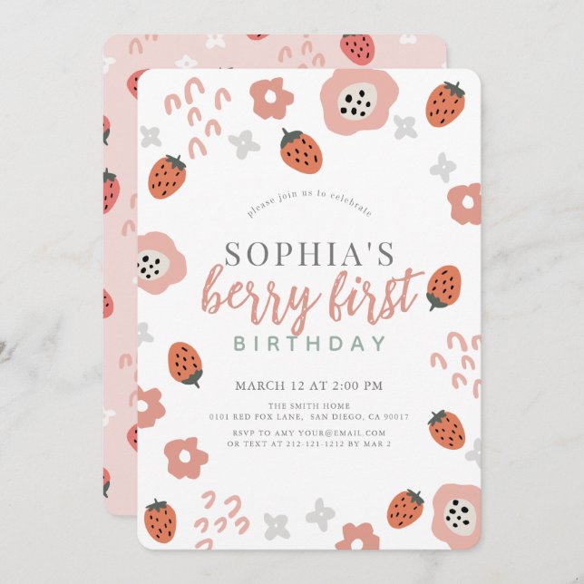 Convite Primeiro aniversario Berry First Pink Strawberry G (Frente/Verso)