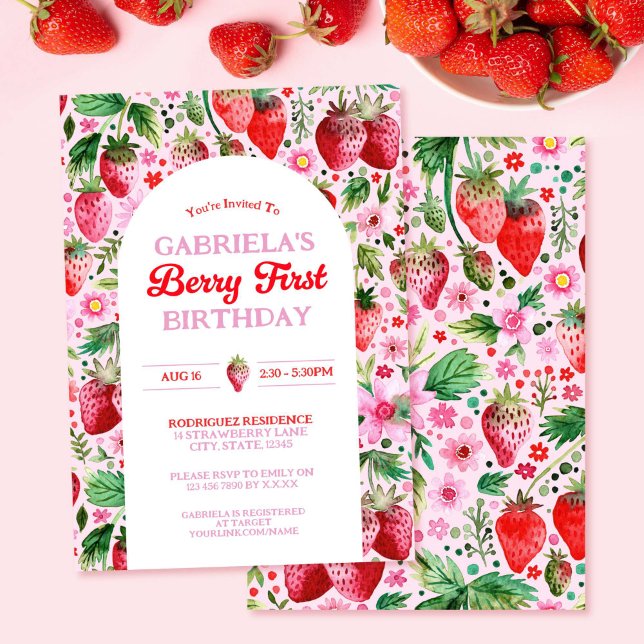 Convite Primeiro aniversario Berry Strawberry Girl (Strawberry Girl Berry 1st Birthday Invitation)