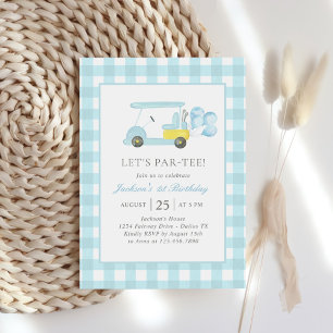 Convite Primeiro aniversario Blue Gingham Golf Boy