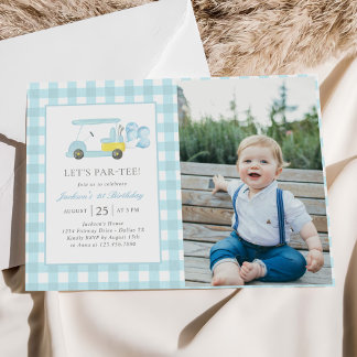 Convite Primeiro aniversario Blue Gingham Golf Boy