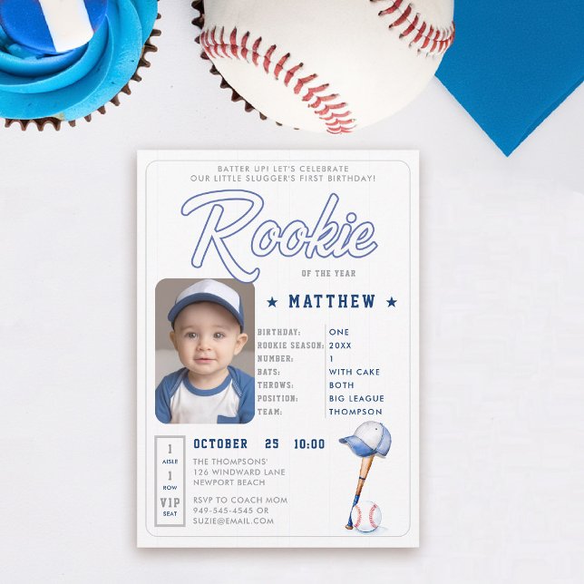 Convite Primeiro aniversario Blue Photo Boy do Baseball Ro (rookie of the year 1st birthday invite boy baseball theme sports player stats card ticket blue)