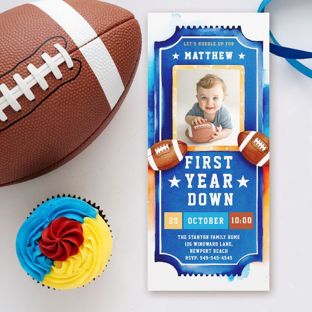 Convite Primeiro aniversario Blue Yellow Boy Fotografia do (first year down football birthday invitation photo watercolor sports ticket boy bright blue)