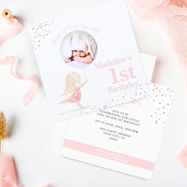 Convite Primeiro aniversario Blush Foto Dourada Rosa (Simple Cute Whimsical Bunny Rabbit Girls 1st birthday party invitation with pink balloons & confetti)