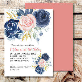 Convite Primeiro Aniversário Blush Pink Marinho Azul Foto
