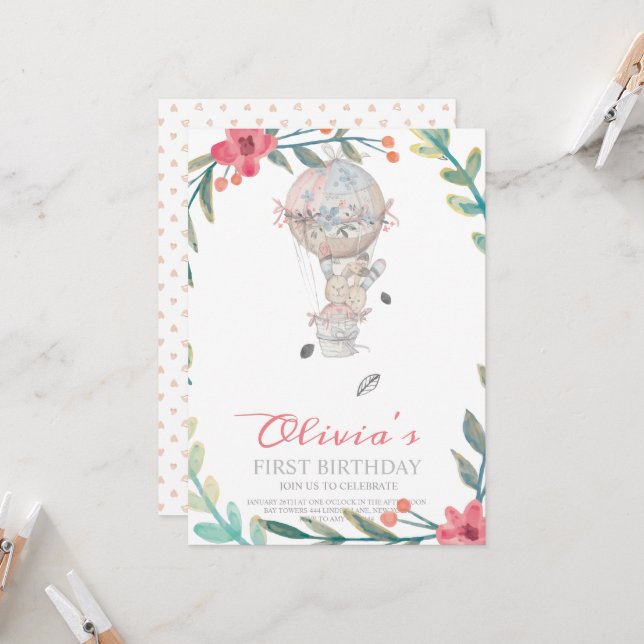 Convite Primeiro aniversário, Boho Hot Air Balloon, aniver (Frente/Verso In Situ)