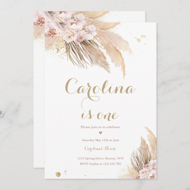 Convite Primeiro aniversario Boho Pampas Grass (Frente/Verso)
