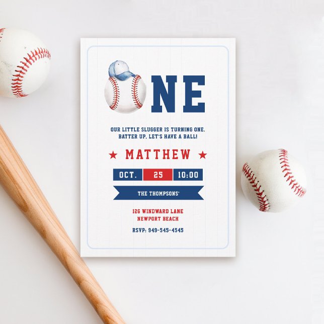 Convite Primeiro aniversario Boné de Bola de Baseball Azul (boy 1st birthday baseball theme invitation little slugger red white cute cap watercolor sports )