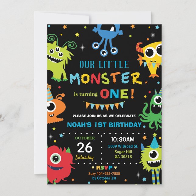 Convite primeiro aniversario Bonito De Menino Monstro Vibr (Frente)