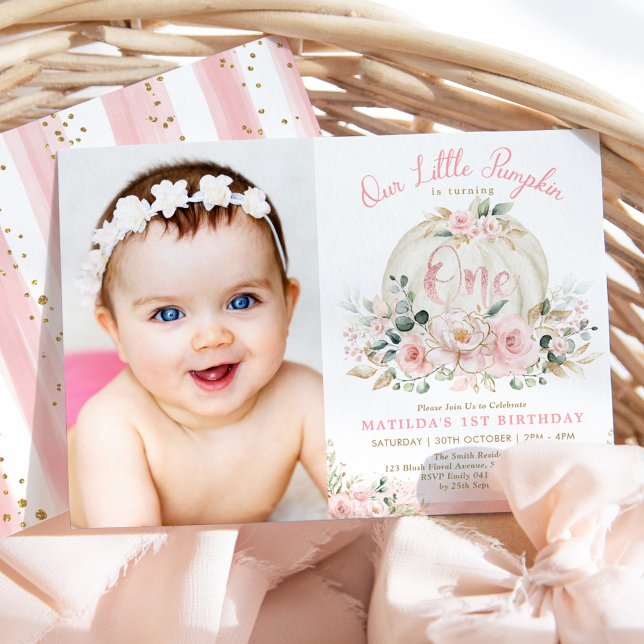 Convite primeiro aniversario bonito Pumpkin Blush Rosa Dou (Criador carregado)