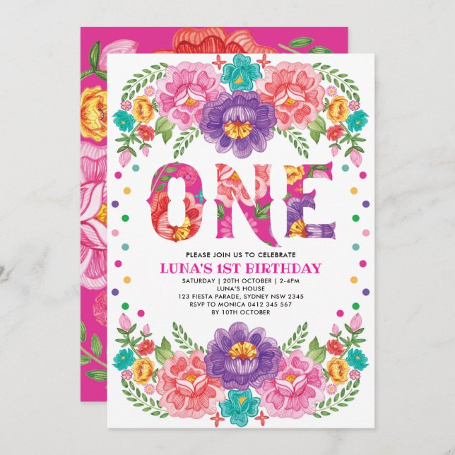 Convite primeiro aniversario bonito Púrpura Floral Fiesta  (Frente/Verso)