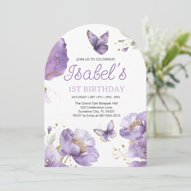 Convite Primeiro aniversário,Borboleta de flor roxa e dour (Em pé/Frente)