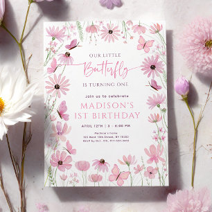 Convite Primeiro Aniversário Borboleta Floral Rosa