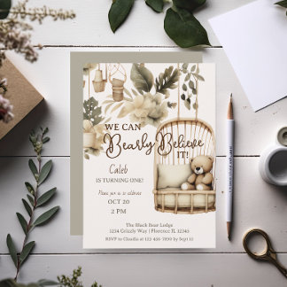 Convite Primeiro aniversário botânico do Brown Bear boho