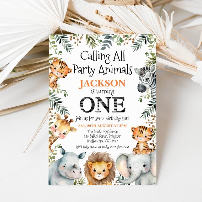 Convite Primeiro aniversario Boys Greenery Safari (Boy's calling all party animals safari birthday invitation featuring cute jungle animals and foliage)