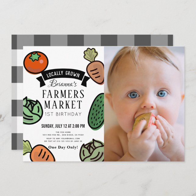 Convite Primeiro aniversario Branco Chic para Agricultores (Frente/Verso)