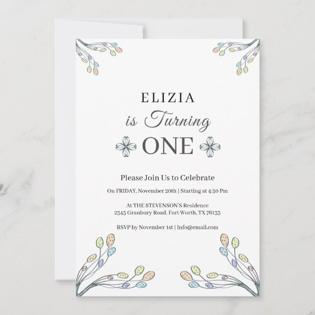 Convite Primeiro aniversario Branco Retro Floral (Frente)