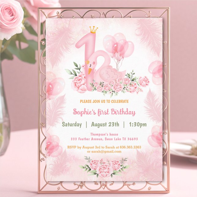 Convite Primeiro aniversario branco-rosa Rosa cor-de-rosa  (Swan Soft Floral Rose Pink White Girl 1st Birthday Invitation)