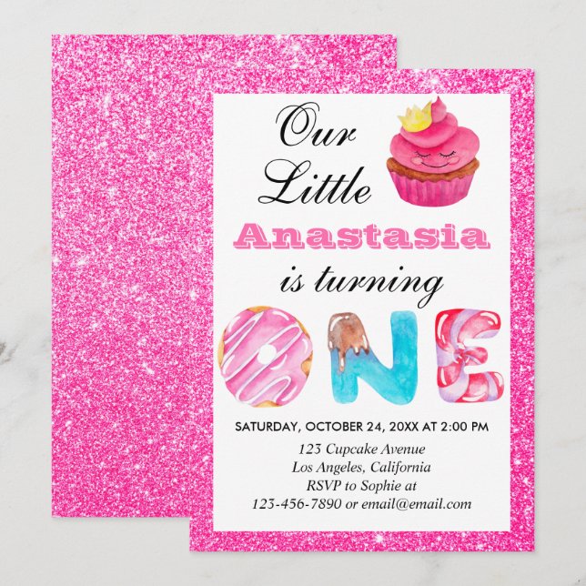Convite Primeiro aniversario Brilhante Cor-de-Cupcake Rosa (Frente/Verso)