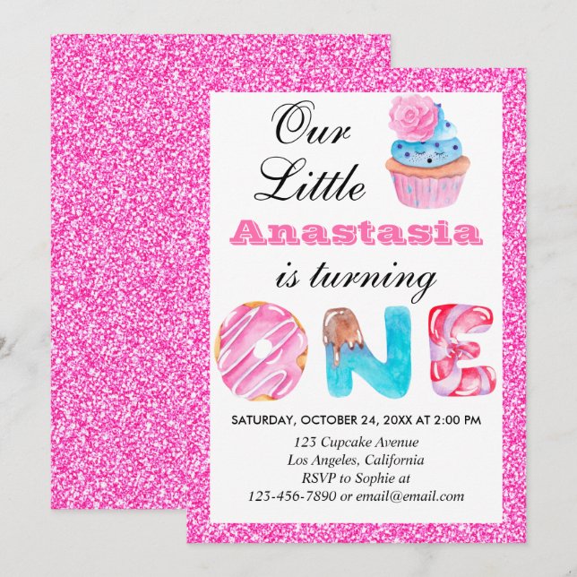 Convite Primeiro aniversario Brilhante Cor-de-Cupcake Rosa (Frente/Verso)