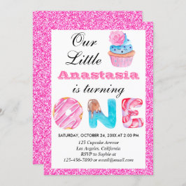 Convite Primeiro aniversario Brilhante Cor-de-Cupcake Rosa