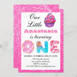Convite Primeiro aniversario Brilhante Cor-de-Cupcake Rosa
