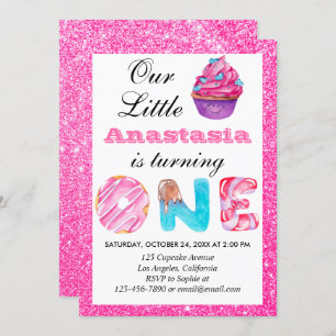 Convite Primeiro aniversario Brilhante Cor-de-Cupcake Rosa