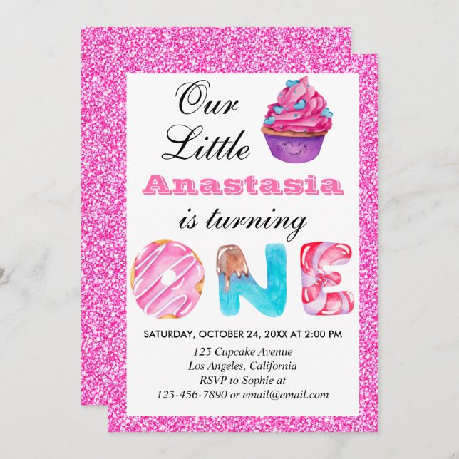 Convite Primeiro aniversario Brilhante Cor-de-Cupcake Rosa (Frente/Verso)