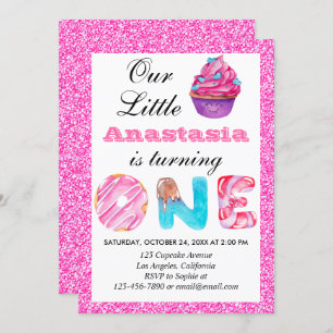 Convite Primeiro aniversario Brilhante Cor-de-Cupcake Rosa