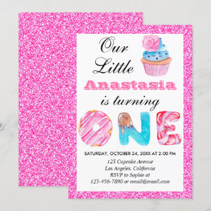 Convite primeiro aniversario Brilhante Rosa Rosa, Cupcake,