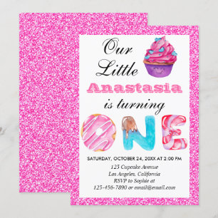 Convite primeiro aniversario Brilhante Rosa Rosa, Cupcake,