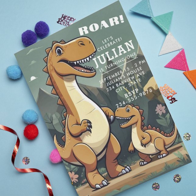 Convite Primeiro aniversario Brown Mint Green Dinossaur Bo (Criador carregado)