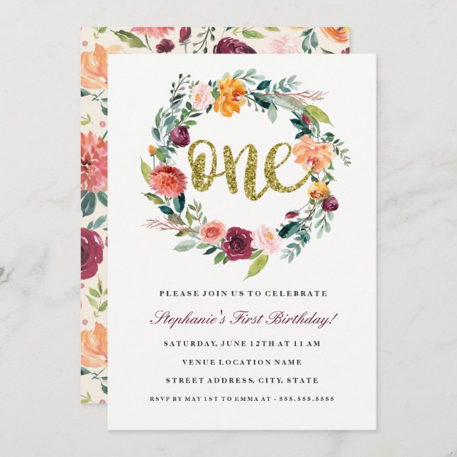 Convite Primeiro Aniversário, Burgundy Dourada Floral Wrea (Frente/Verso)