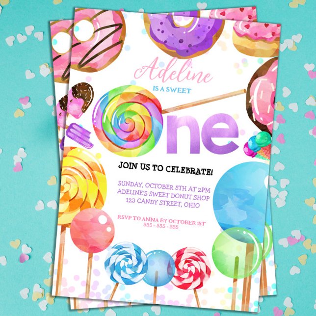 Convite primeiro aniversario Candyland Dourada Doces (Sweet One Birthday Candy Invitation!)