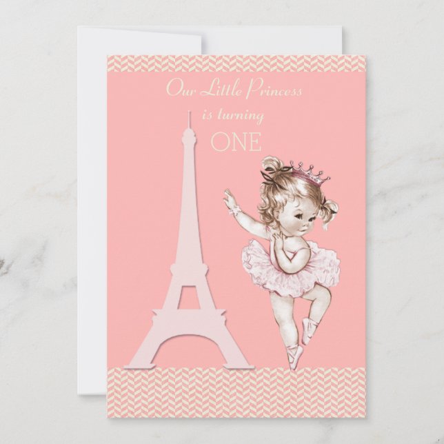 Convite Primeiro aniversario Chic Ballerina Eiffel Tower C (Frente)