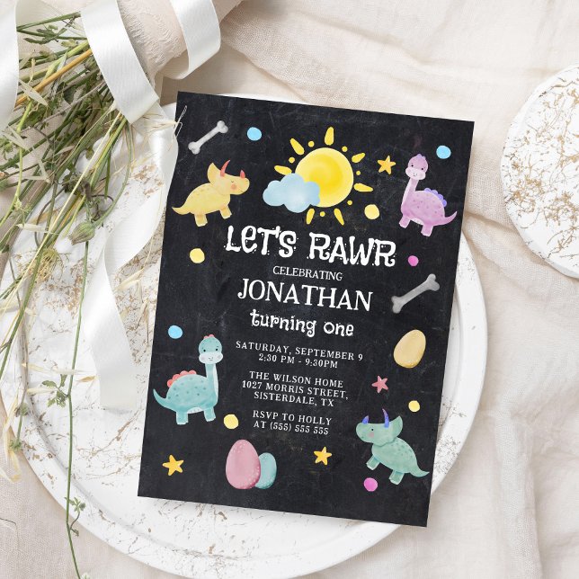 Convite Primeiro aniversario Colorido de Painéis Dinossaur (Criador carregado)