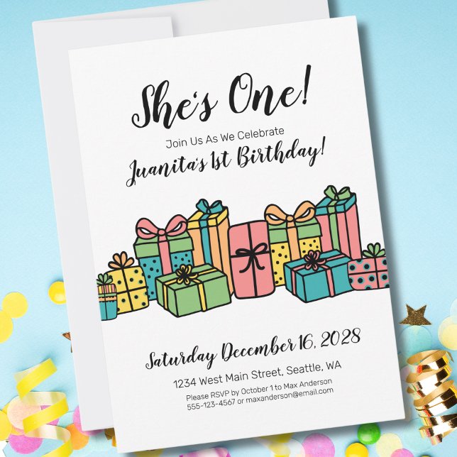 Convite Primeiro aniversario Colorido Moderno (Modern Classic Cute Party Colorful 1st Birthday Invitation)