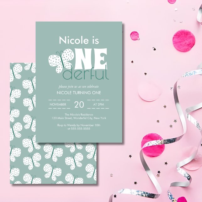 Convite Primeiro aniversario com borboleta retroativa azul (Criador carregado)