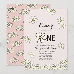 Convite Primeiro aniversario Cor-de-Rosa Floral de Daisies