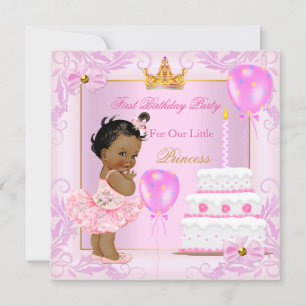Convite Primeiro Aniversário Coroa de Princesa Menina Rosa
