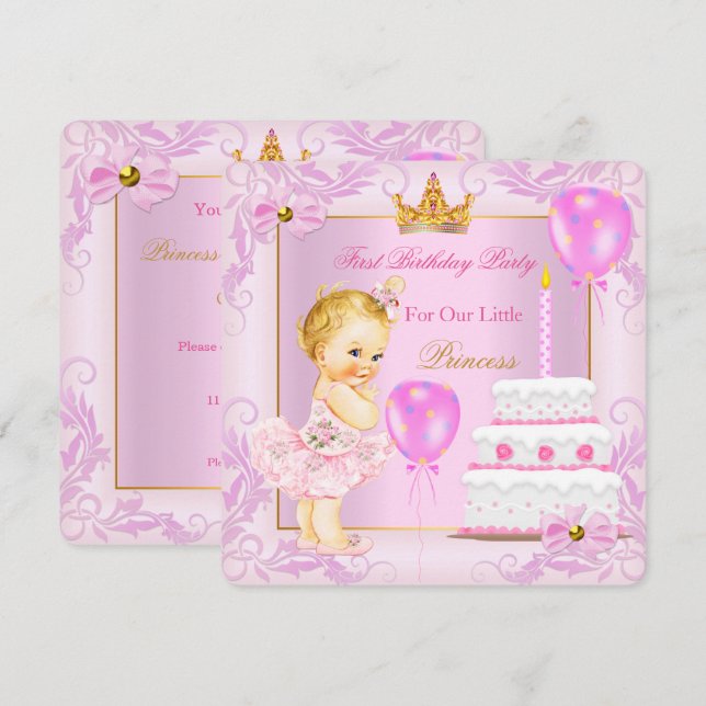 Convite Primeiro Aniversário Coroa de Princesa Menina Rosa (Frente/Verso)
